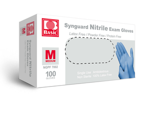 Synguard Brand medical grade nitrile gloves, latex free, powder free. durable and sturdy. Available in size XL, L, M, S