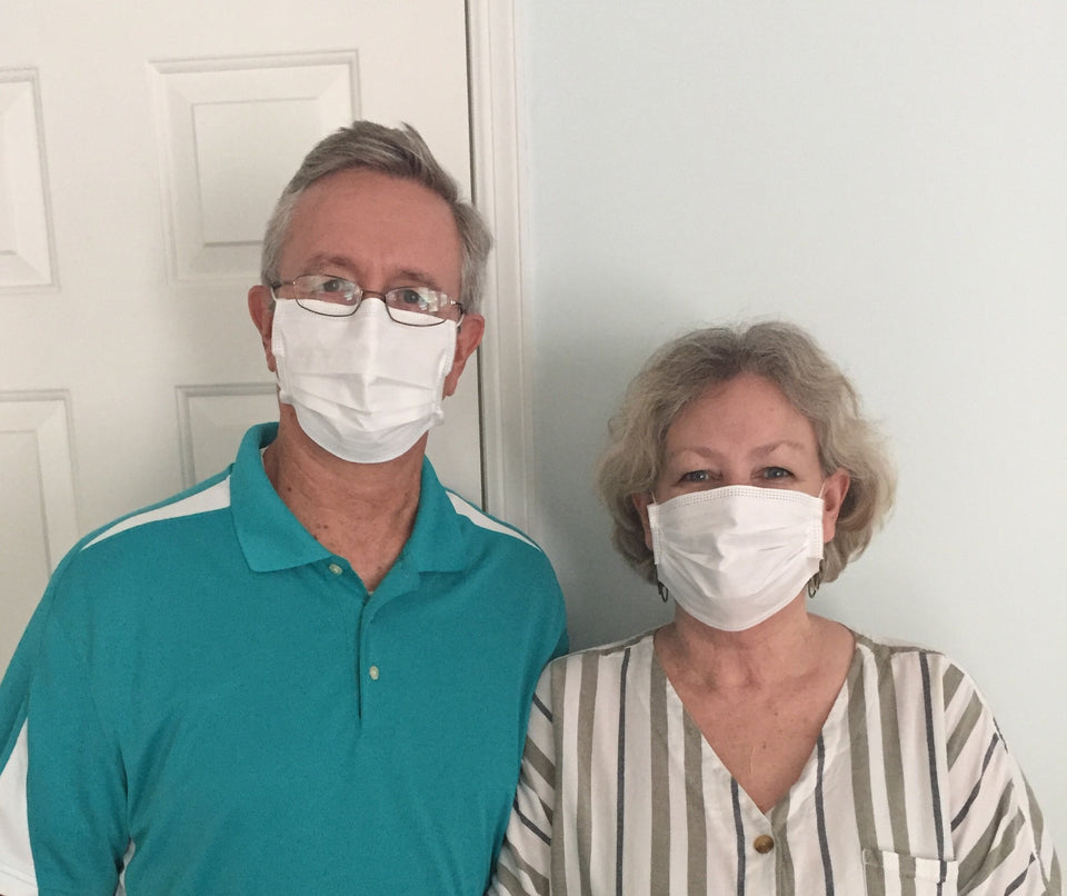 Candice Barry and her husband are shown in the image wearing Luosh American Made Face Masks. The look satisfied with their fit and feel. She comments that I ordered masks from you and loved them so much that I ordered another box for my elderly parents.