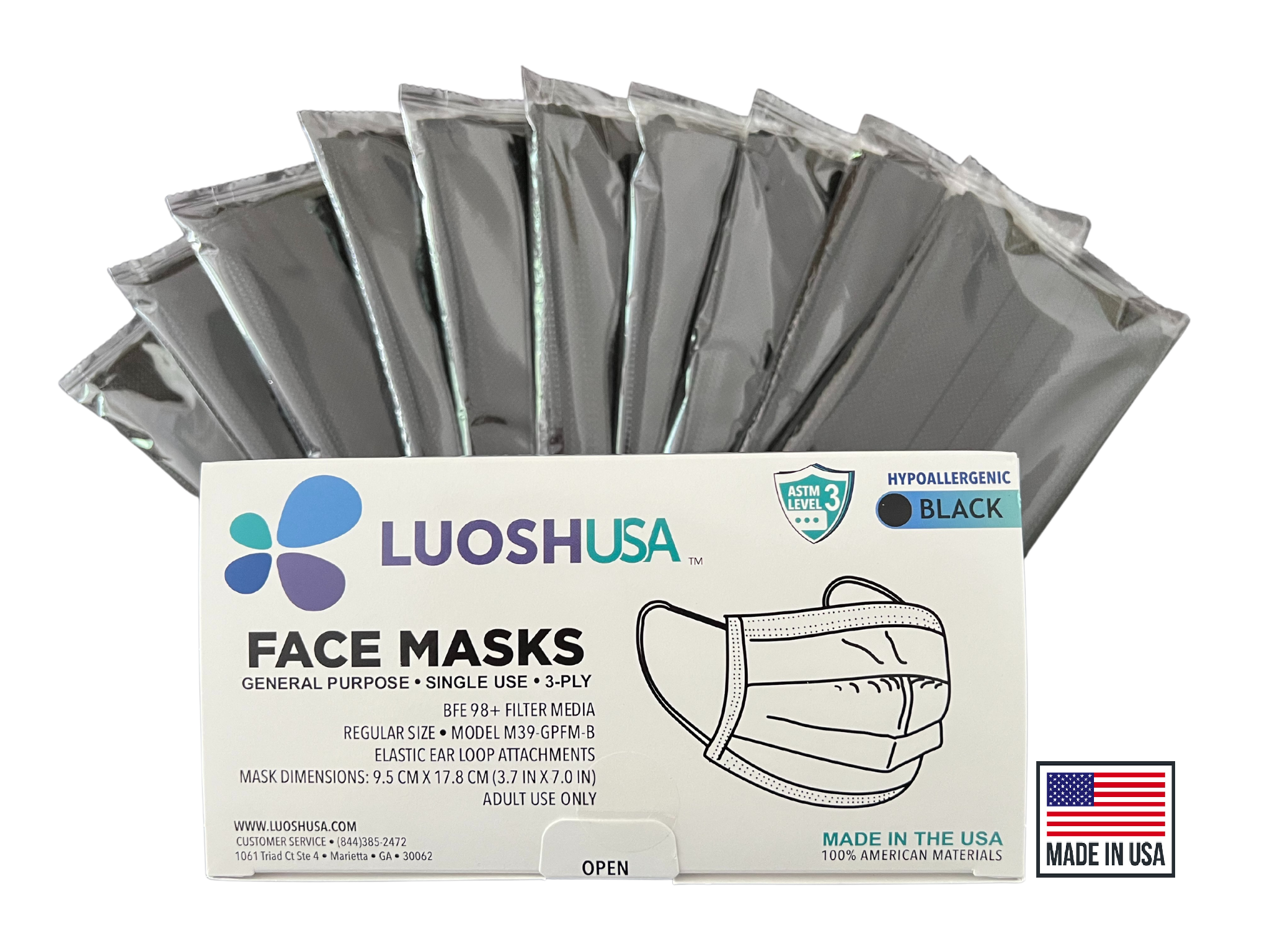 Black, ASTM Level 3 Disposable Face Mask with Earloops, Size: Regular