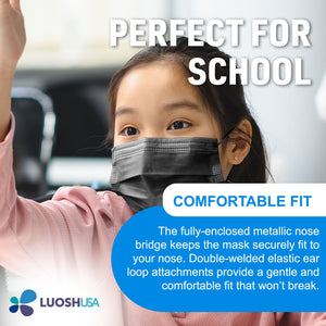 Luosh Black Children's Face Masks made in USA for adult. Hypoallergenic, won't cause skin rash. 